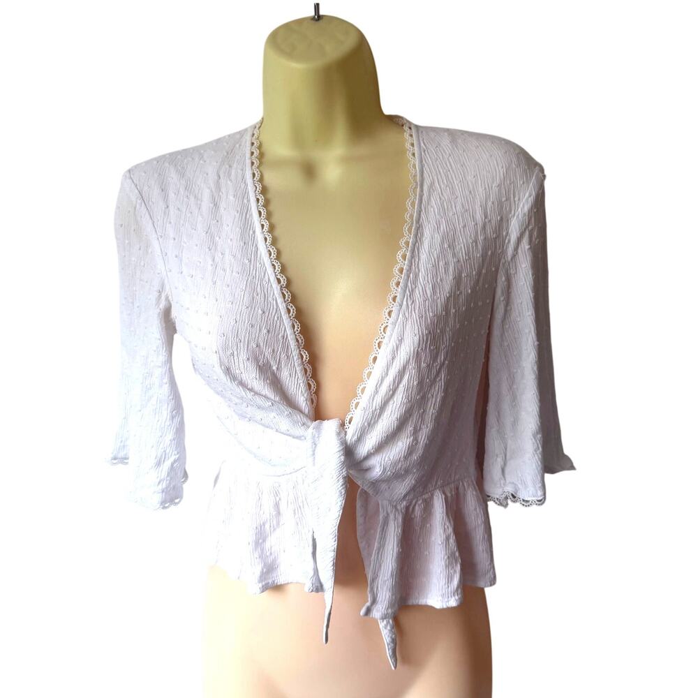 H&M White Lightweight Textured Tie Front Cardigan/Shirt Size 2